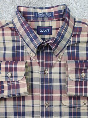 GANT Shirt Mens Large Blue/Beige Fox Hunt Plaid Cotton/Poly Long Sleeve Preppy